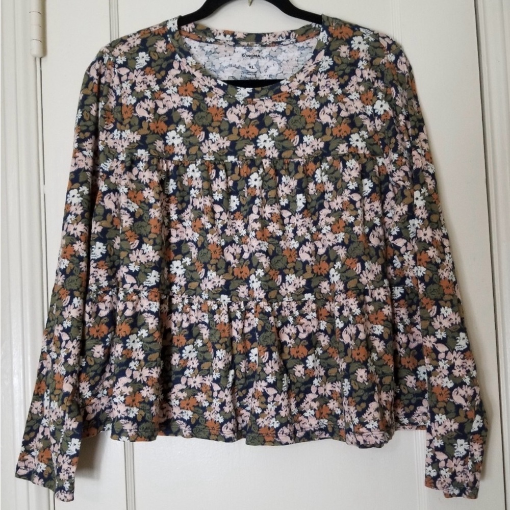 Sonoma Floral Peplum Long Sleeve babydoll peasant Blouse Olive, Pink, Rust White